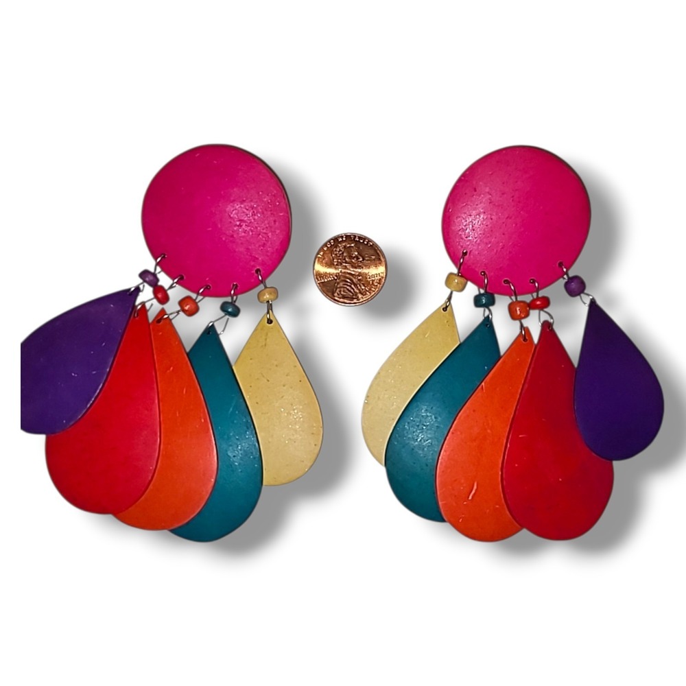 Vintage Big '80s Colorful Geometric Pierced Dangle Earrings - Picture 2 of 3
